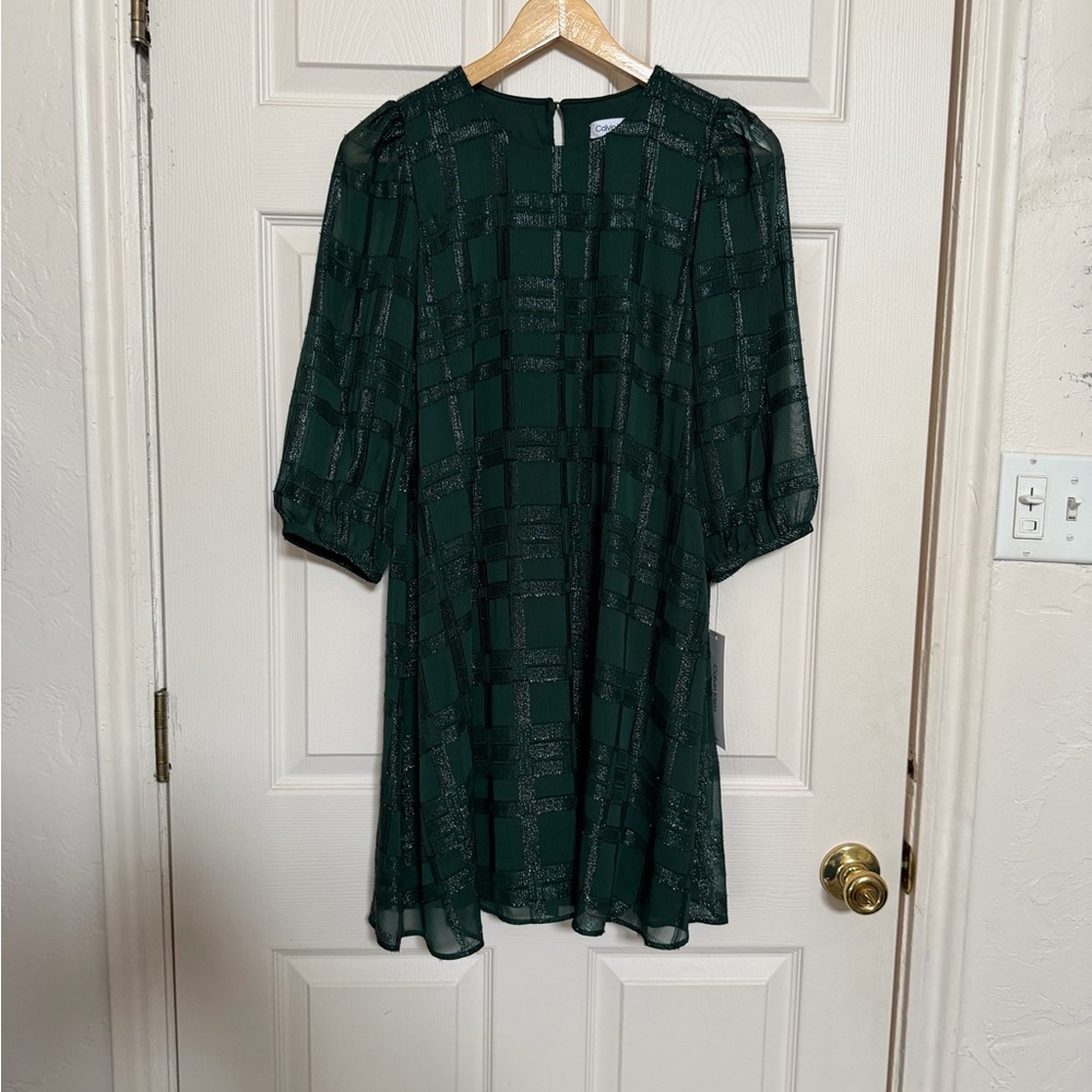 NWTs Calvin Klein Forest Plaid Pattern Green Knee-Length Dress